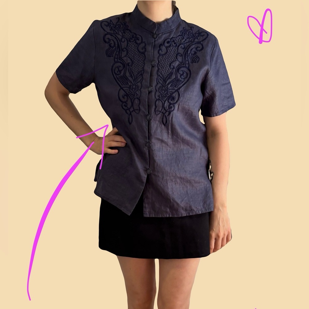 Vintage Hemp Indigo Embroidered Short Sleeve Blouse